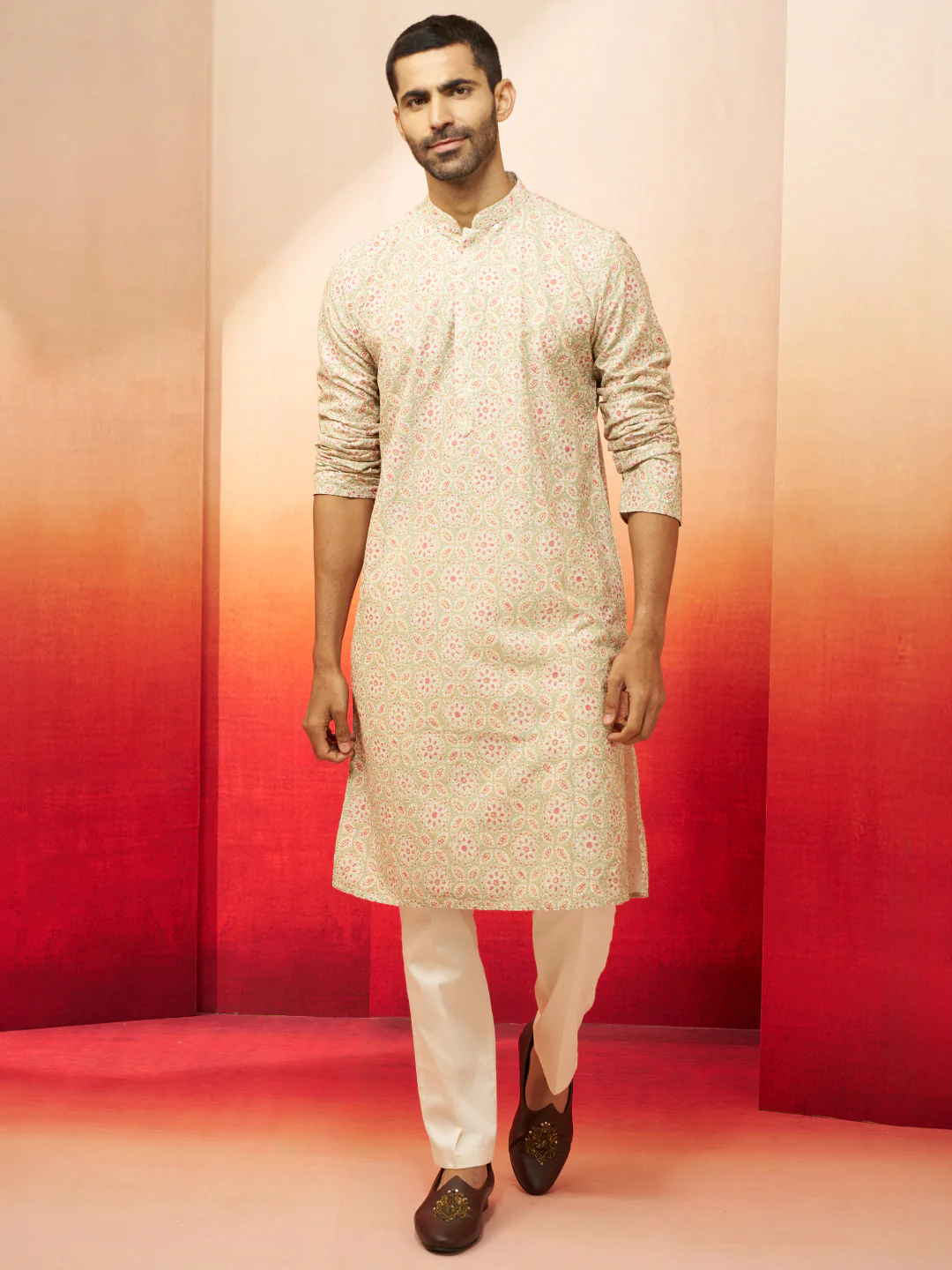 Men's Green Embroidered Kurta with Cream Pants - Image 3