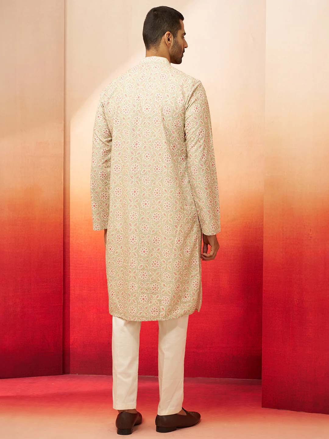 Men's Green Embroidered Kurta with Cream Pants - Image 5
