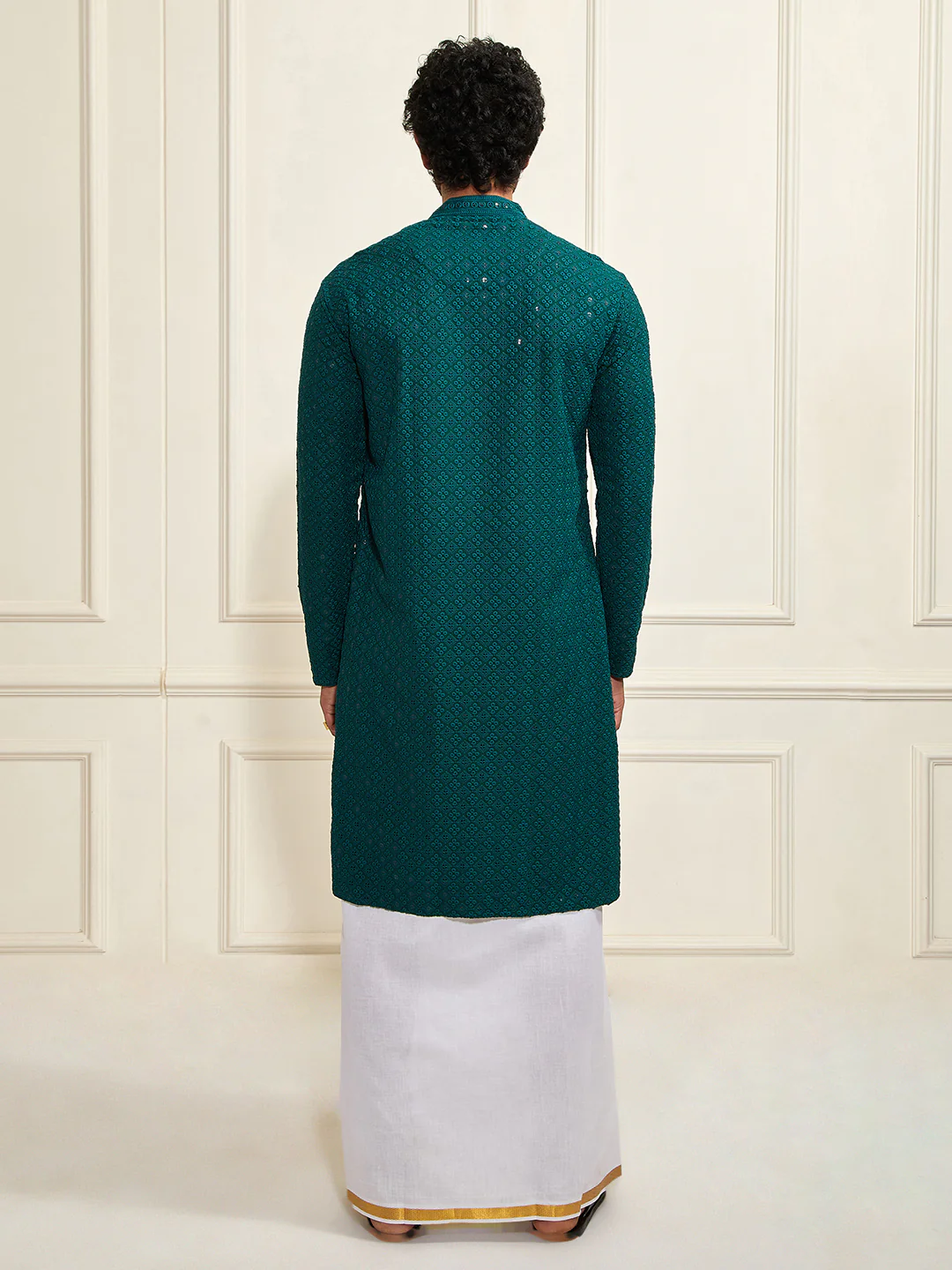 Men's Green Rayon Cotton Kurta And Mundu Set - Image 5