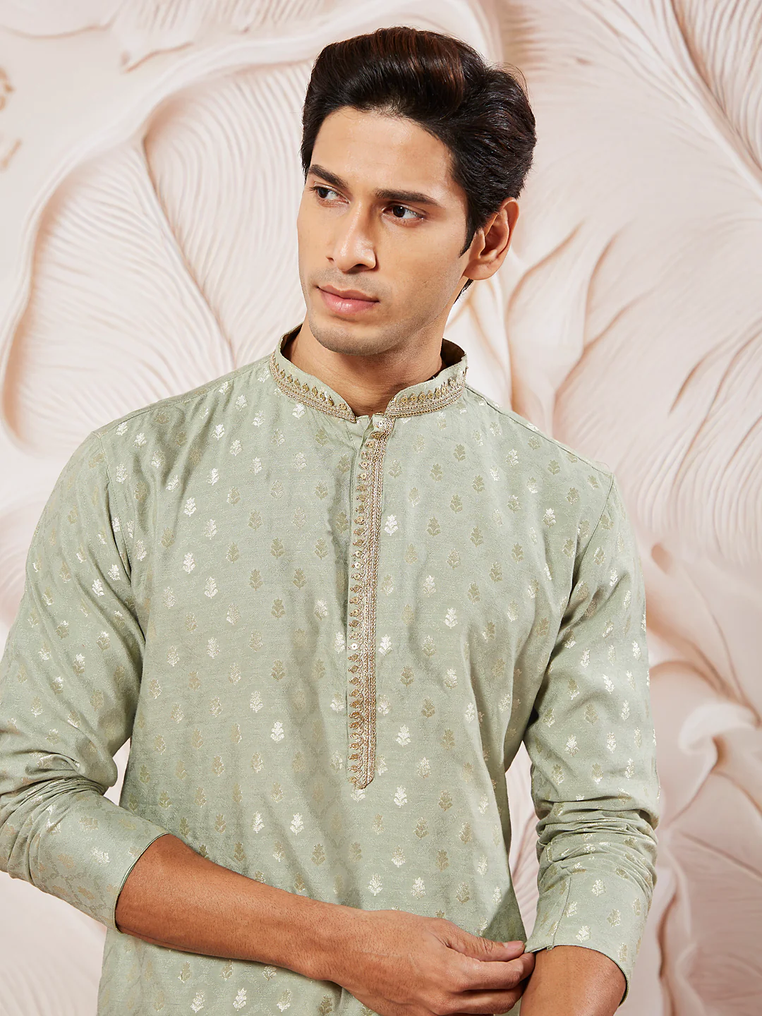 Men's Green Silk Blend Jacquard Kurta - Image 3