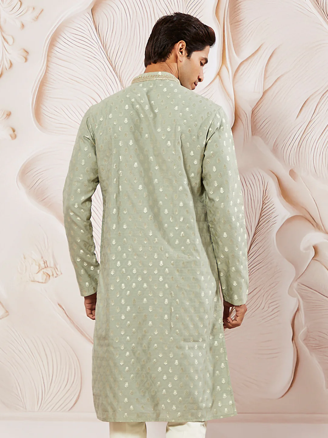 Men's Green Silk Blend Jacquard Kurta - Image 4