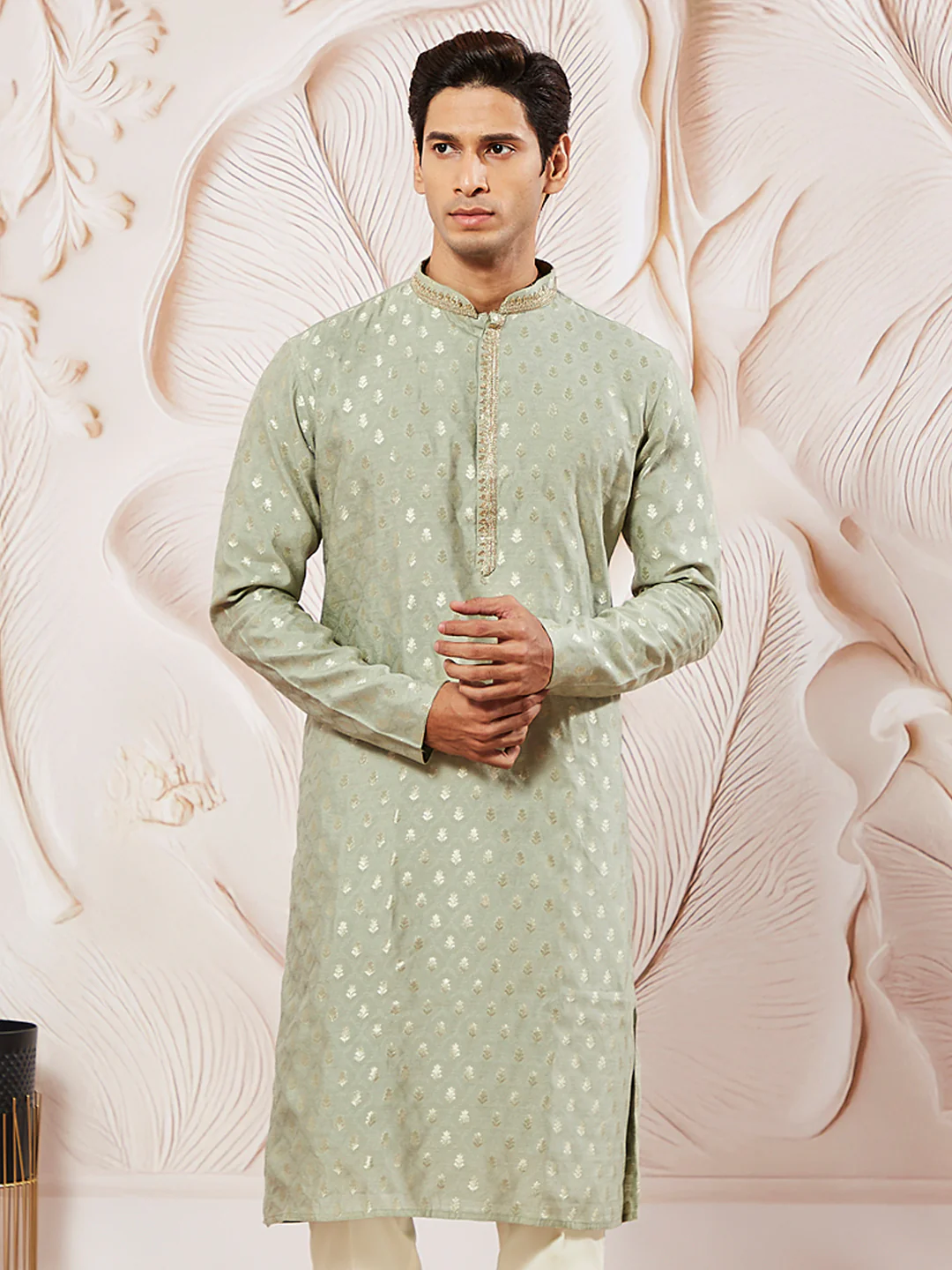 Men's Green Silk Blend Jacquard Kurta - Image 5