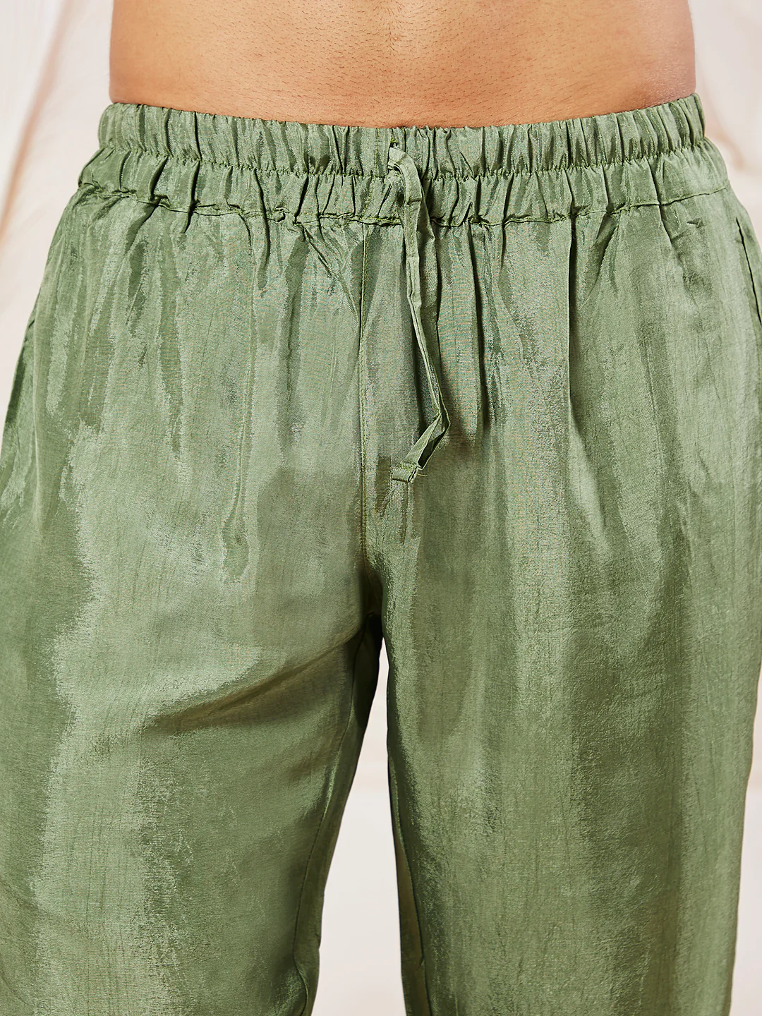 Men's Green Tissue Silk Kurta Pyjama Set - Image 6