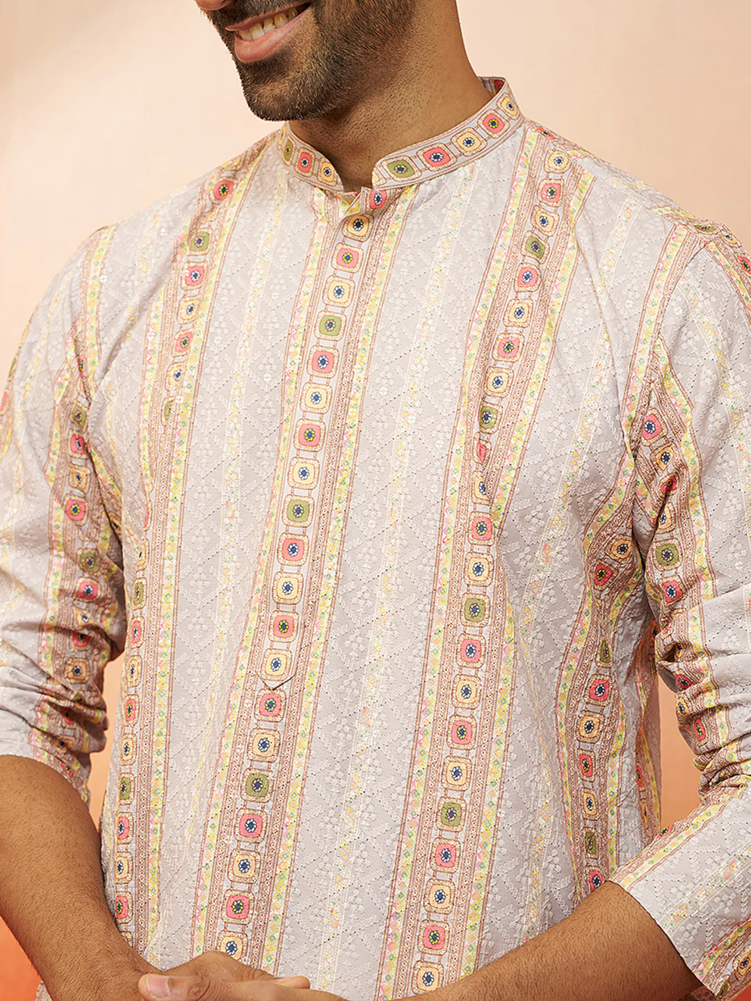 Men's Grey Digital Print Kurta with Pyjama - Image 2