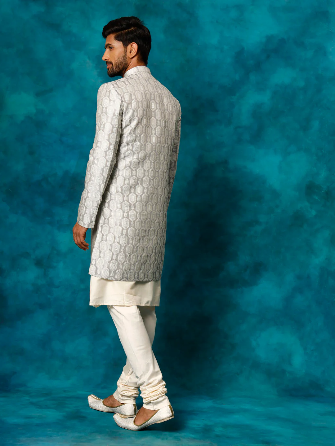 Men's Grey Imported Jacquard Indo With Kurta Pyjama Set - Image 3