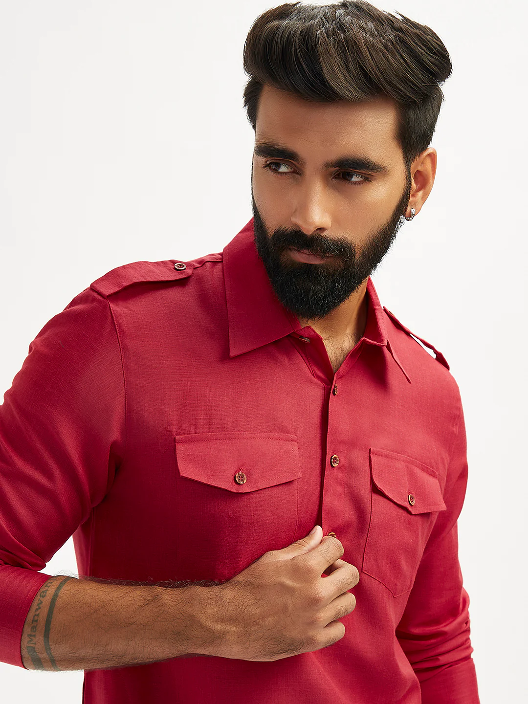 Men's Maroon And Cream Cotton Blend Pathani Kurta Set - Image 3