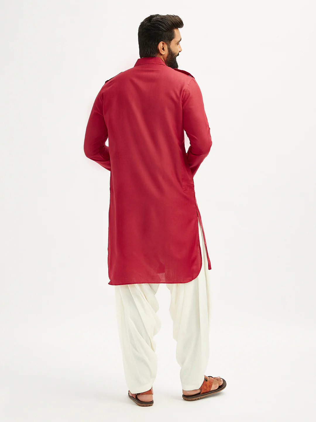 Men's Maroon And Cream Cotton Blend Pathani Kurta Set - Image 5