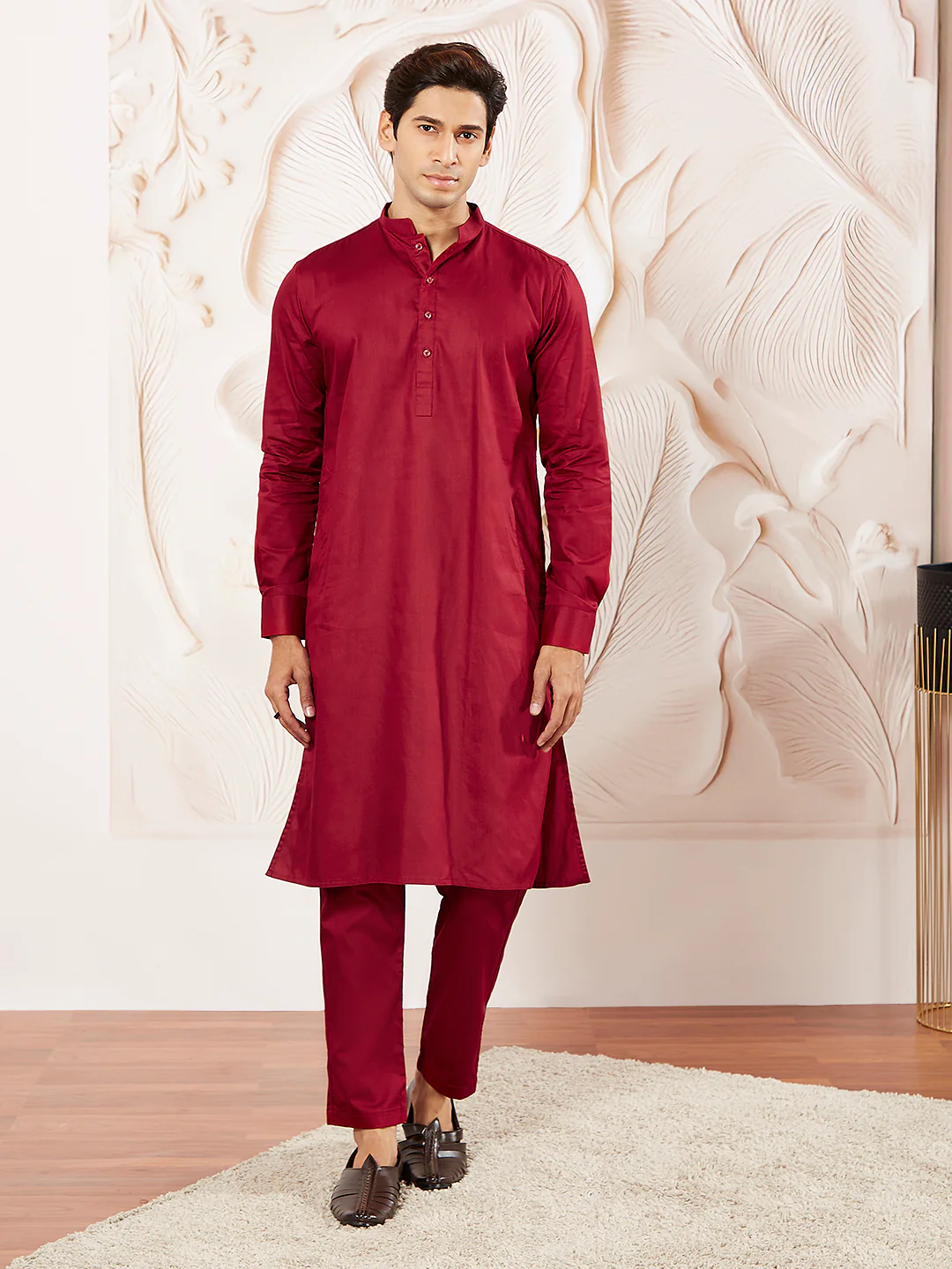Men's Maroon Cotton Blend Kurta Pyjama Set - Image 2