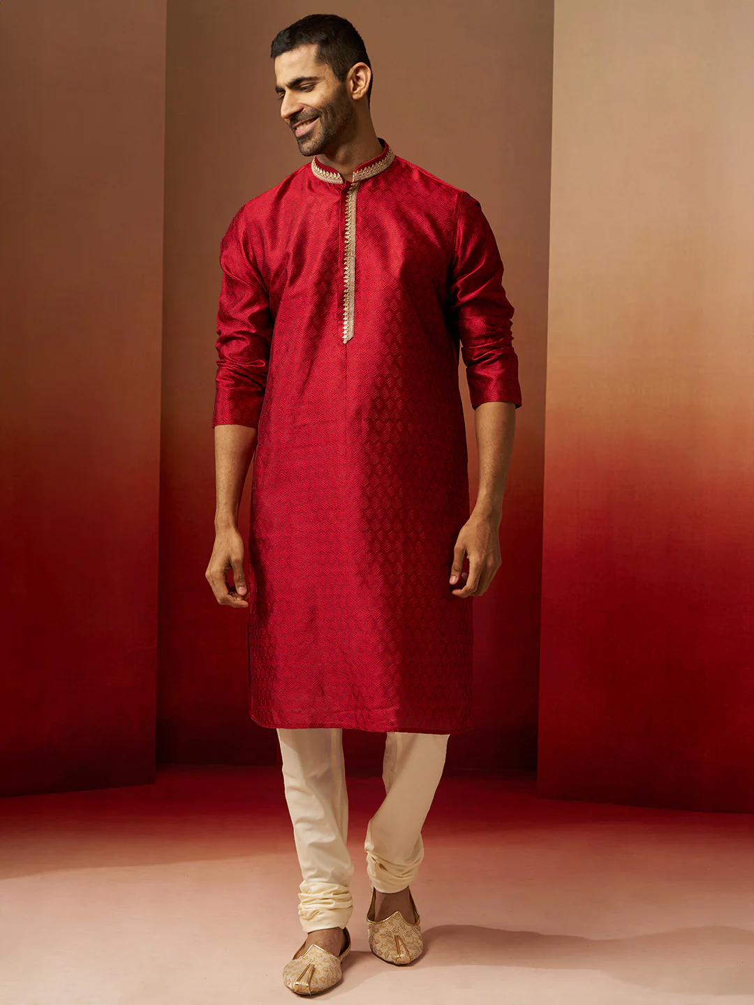 Men's Maroon Jacquard Kurta with Cream Churidar Set - Image 3