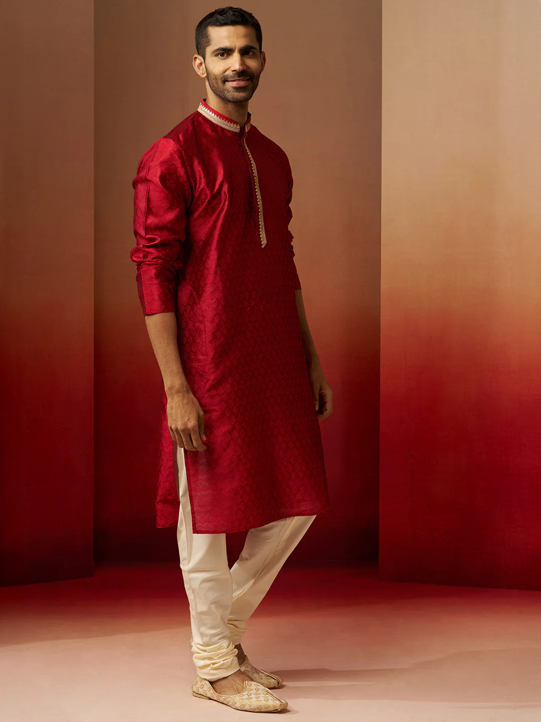 Men's Maroon Jacquard Kurta with Cream Churidar Set - Image 4