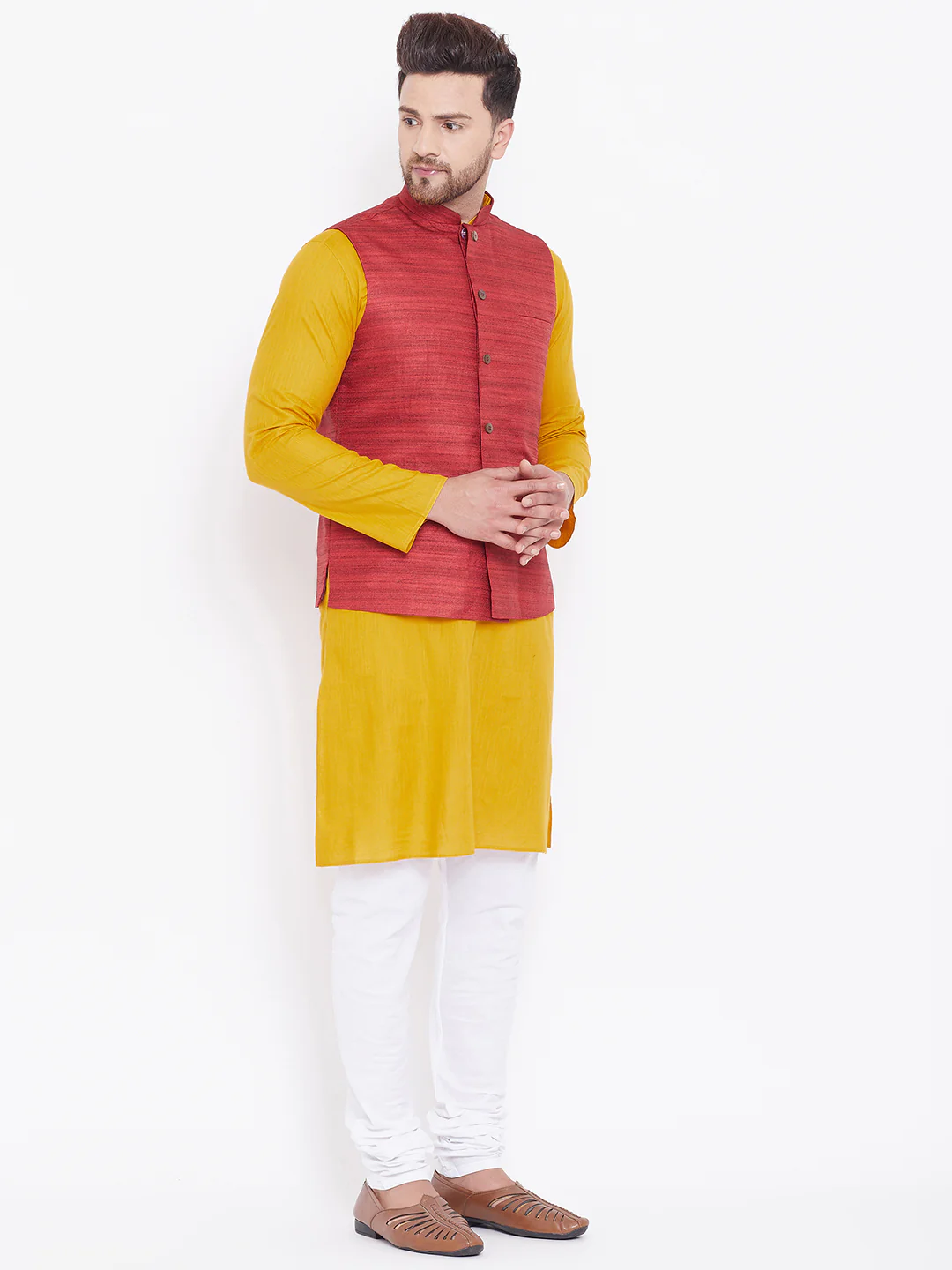 VASTRAMAY Men's Maroon, Mustard And White Cotton Blend Jacket, Kurta and Pyjama Set - Image 4