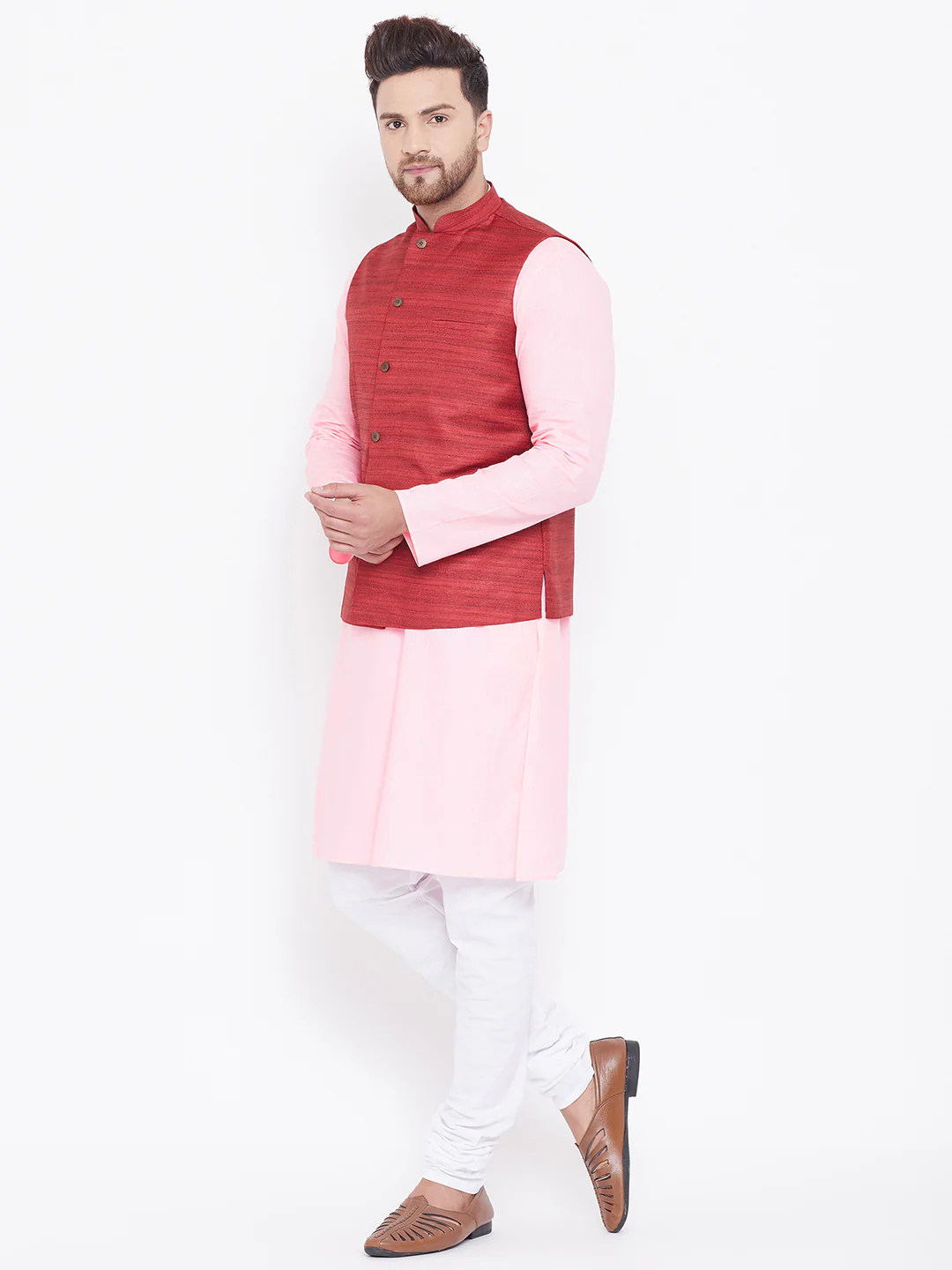 VASTRAMAY Men's Maroon, Pink And White Cotton Blend Jacket, Kurta and Pyjama Set - Image 4