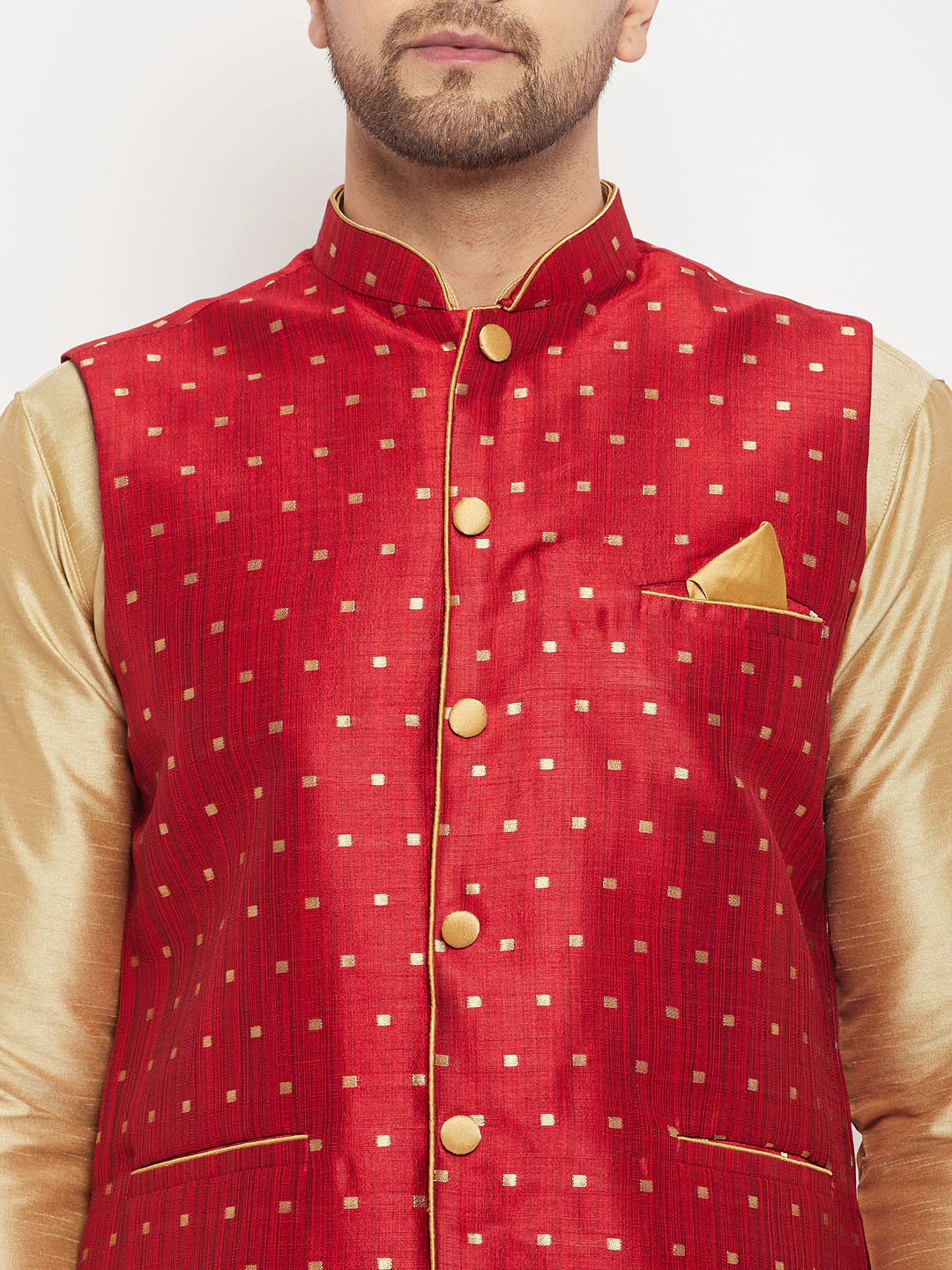 Men's Maroon Zari Weaved Jacket With Kurta Pant Set - Image 4