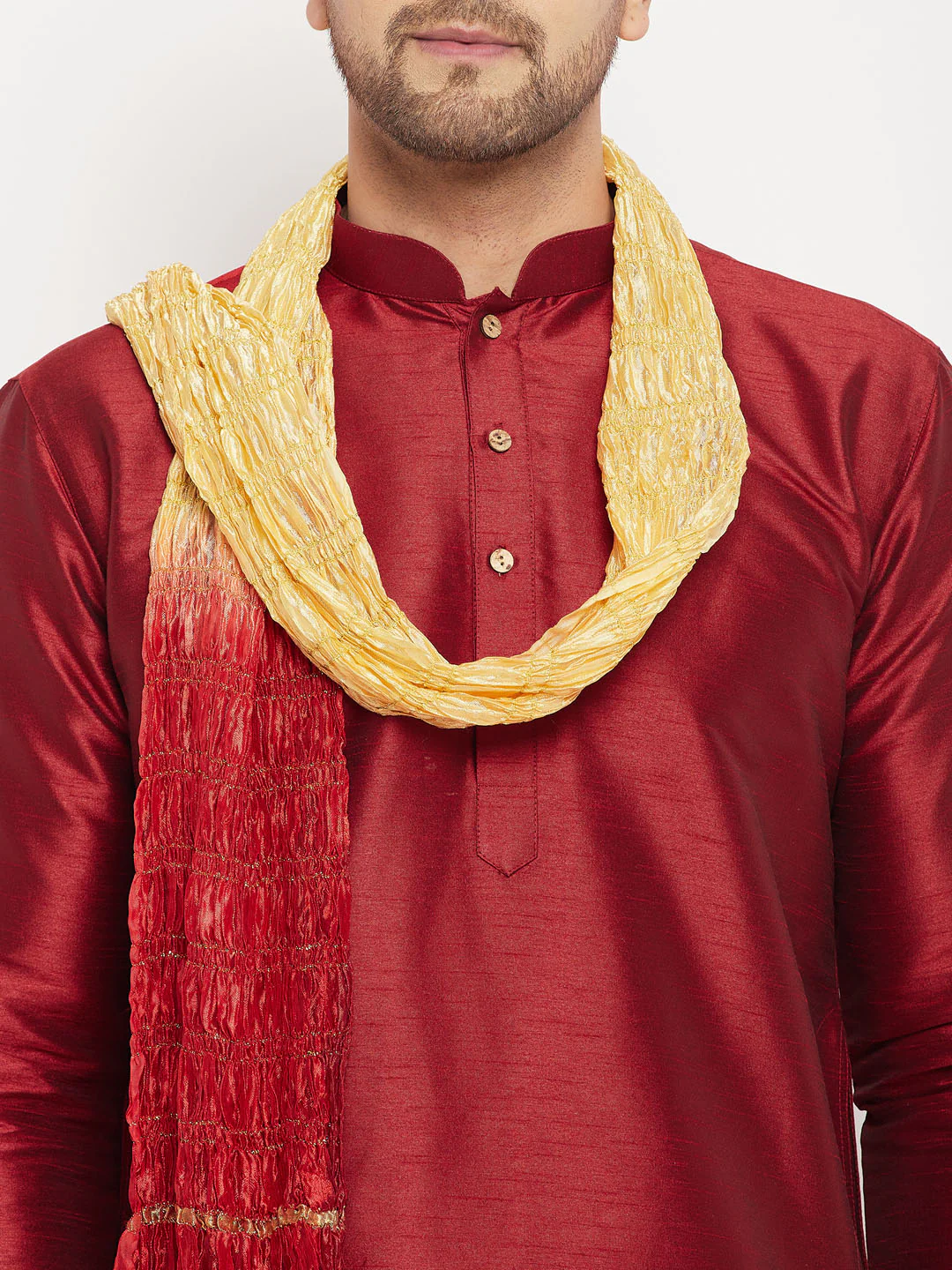 Men's Maroon Silk Blend Kurta And Gold Pant Style Pyjama Set With Dupatta - Image 4