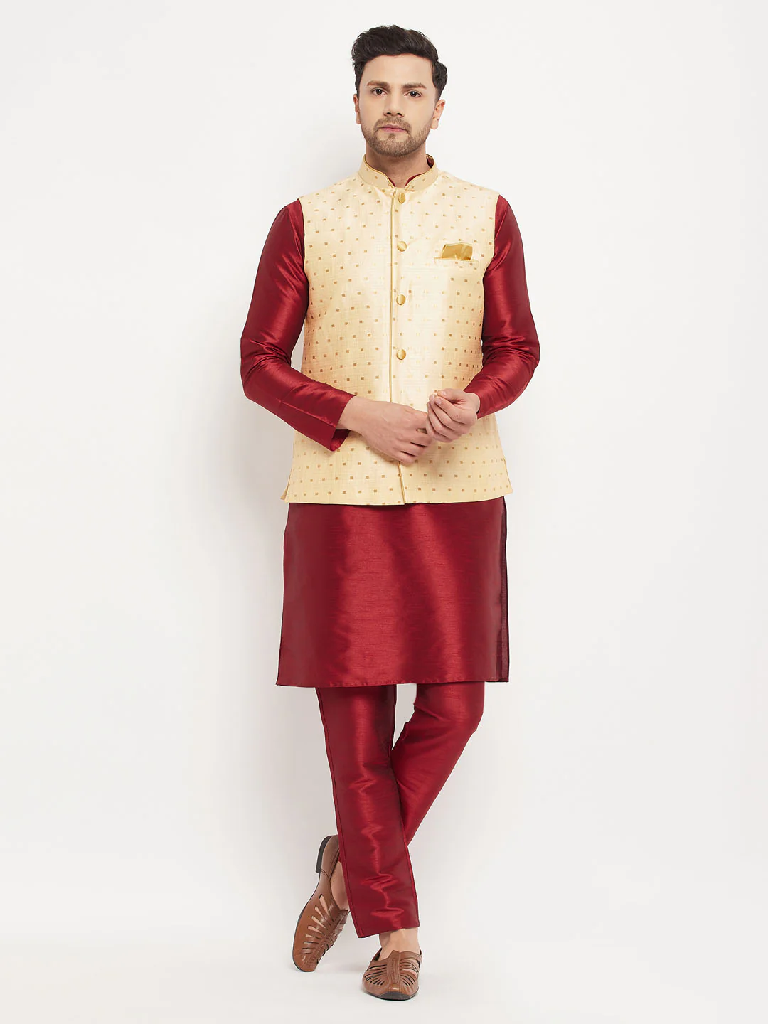Men's Gold Zari Weaved Jacket With Kurta Pant Set