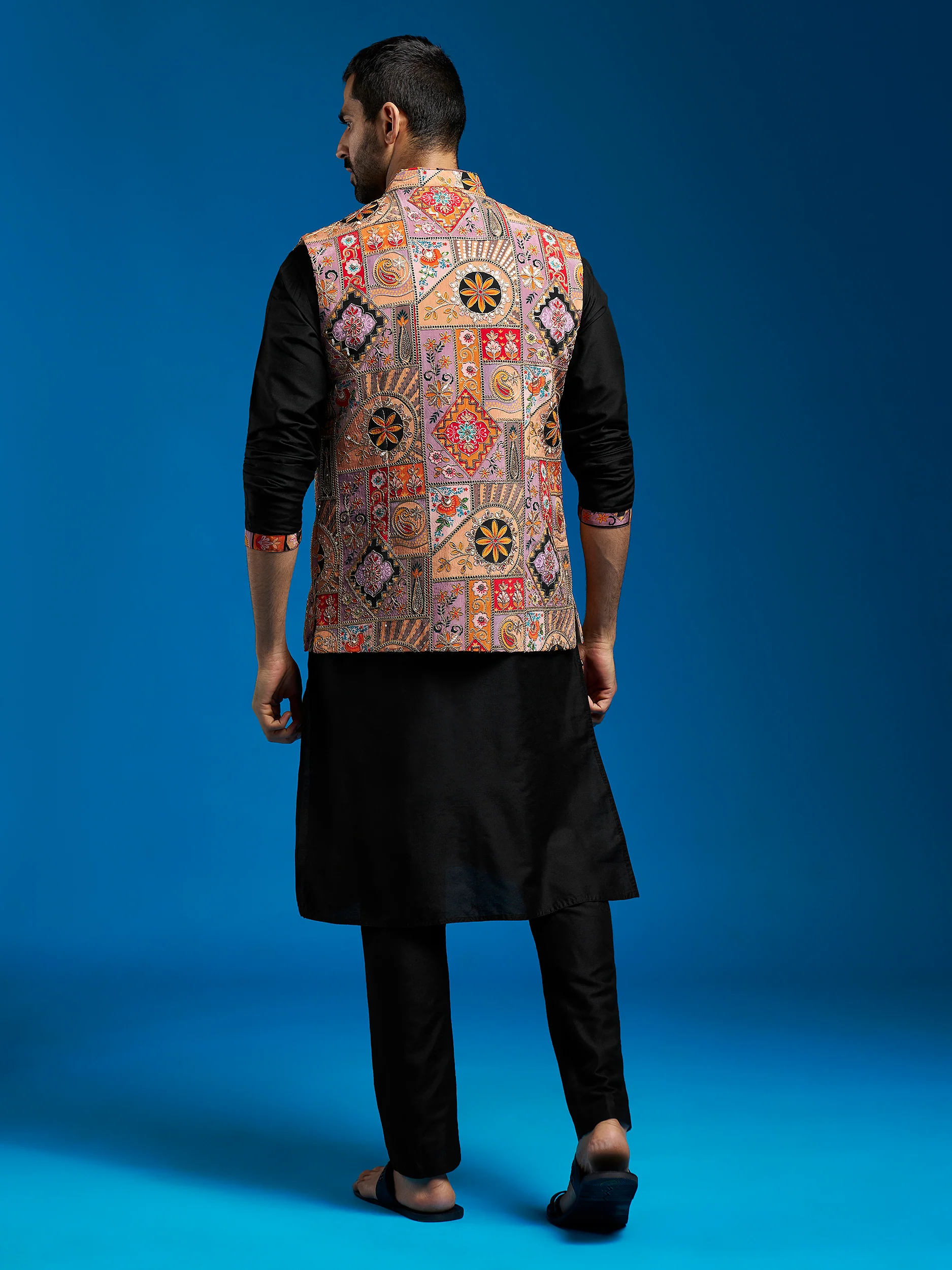 Men's Black Viscose Jacket,Kurta And Pyjama Set. - Image 4