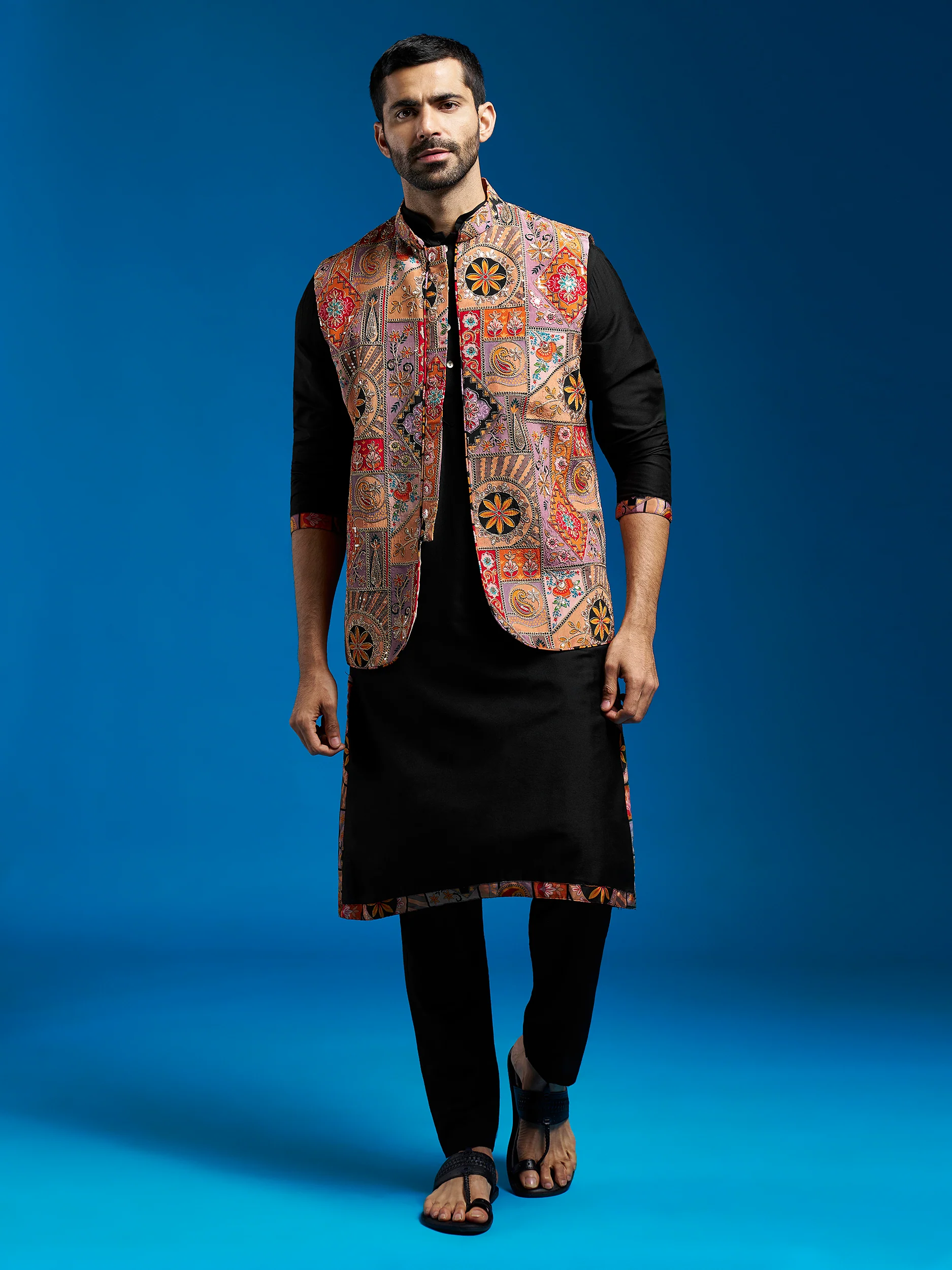 Men's Black Viscose Jacket,Kurta And Pyjama Set. - Image 6