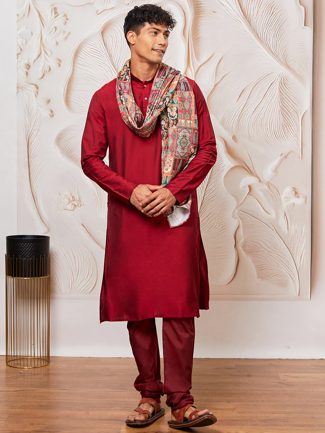 Men's Maroon Viscose Kurta,Pant And Dupatta Set - Image 3