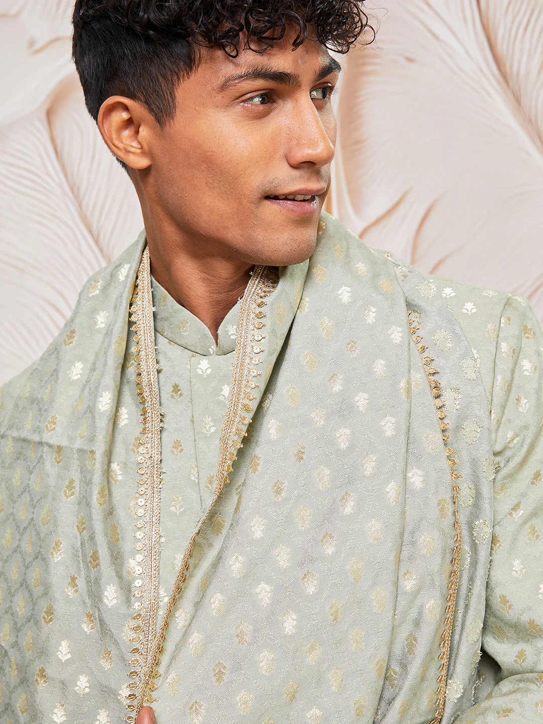 Men's Mint Green Cotton Blend Indowestern Pant And Dupatta Set - Image 3