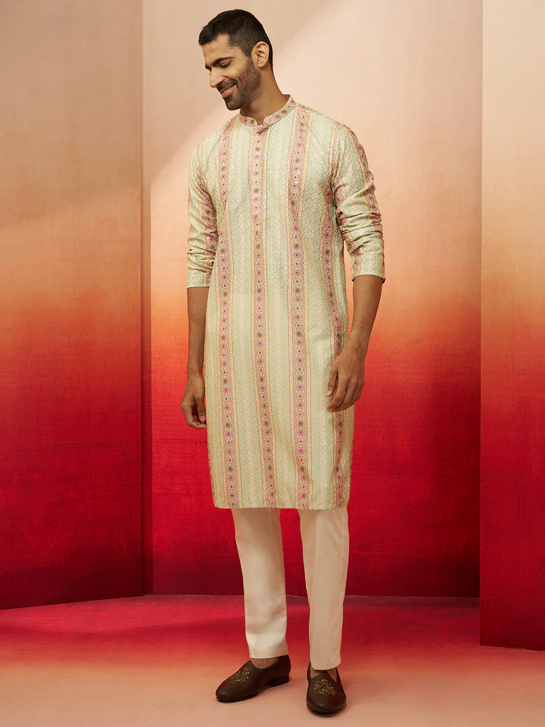 Men's Mint Green Digital Print Kurta with Pyjama - Image 3