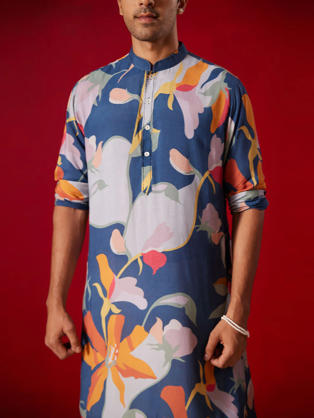 Men's Multi Color Base Blue Cotton Blend Kurta Pyjama Set - Image 3