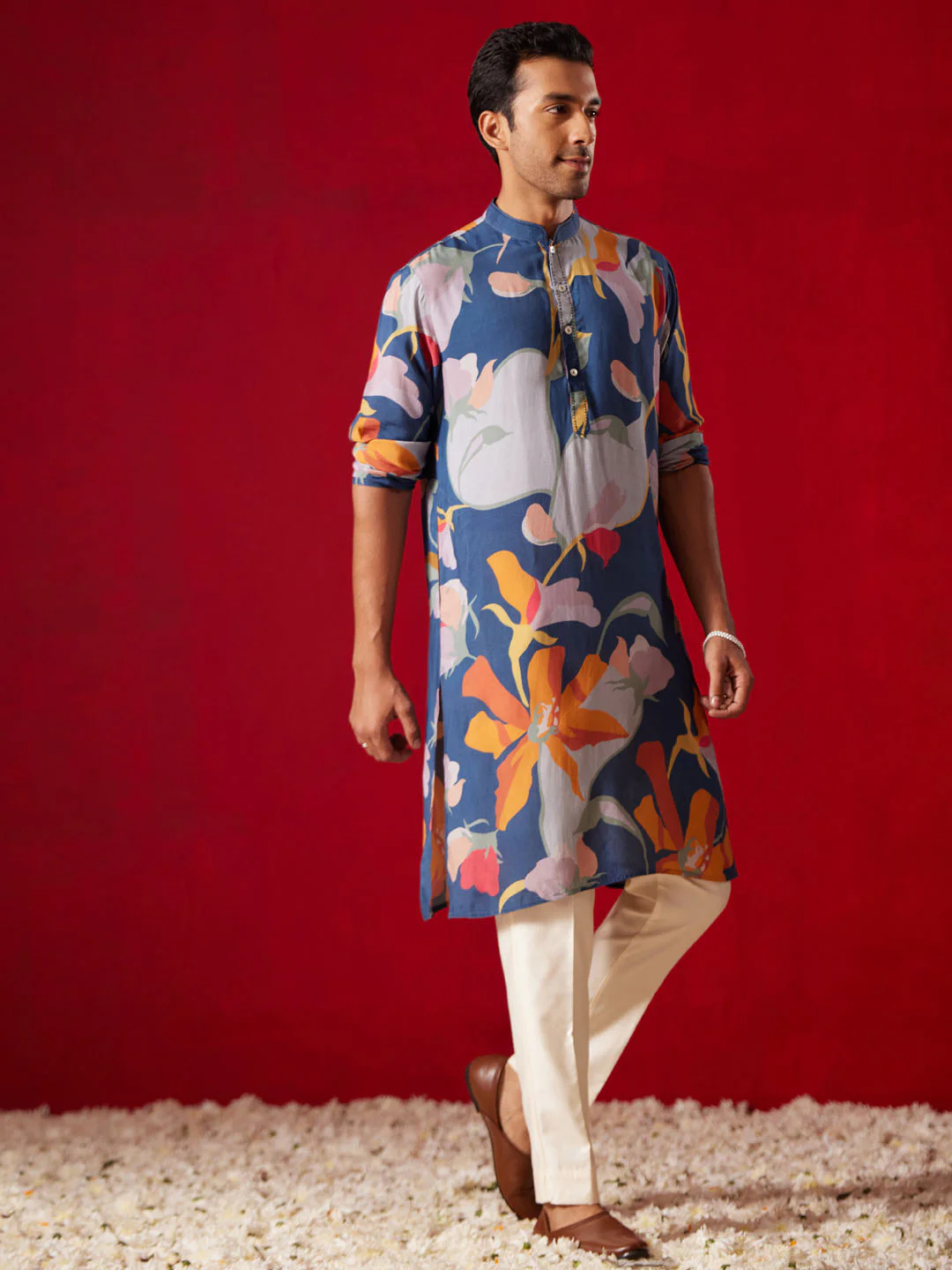 Men's Multi Color Base Blue Cotton Blend Kurta Pyjama Set - Image 4