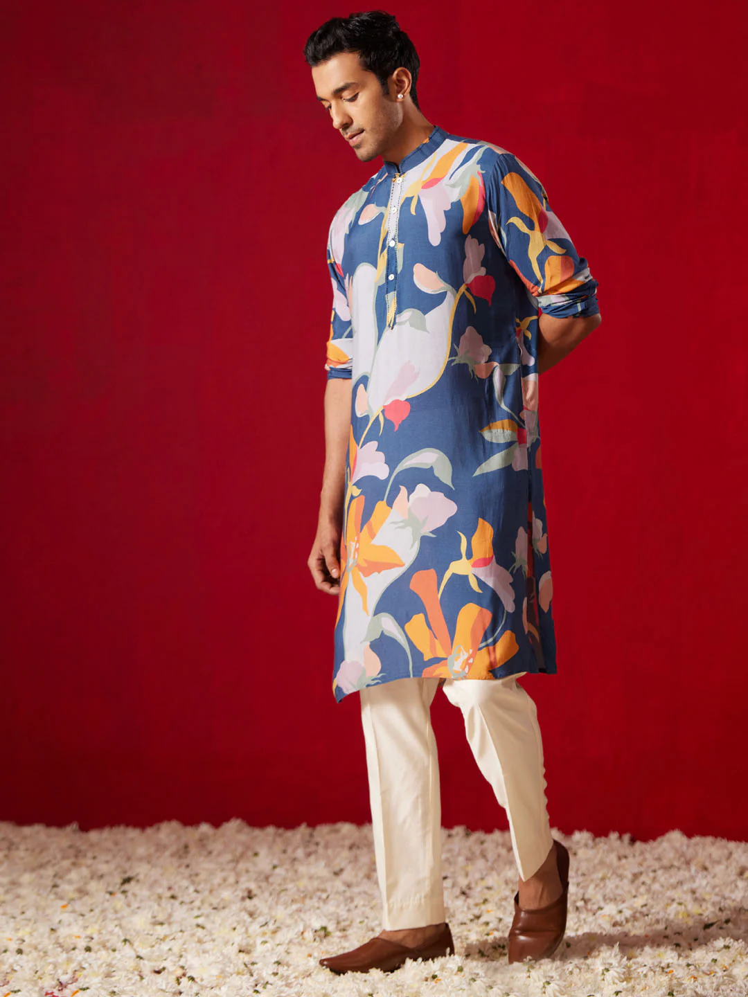 Men's Multi Color Base Blue Cotton Blend Kurta Pyjama Set - Image 7