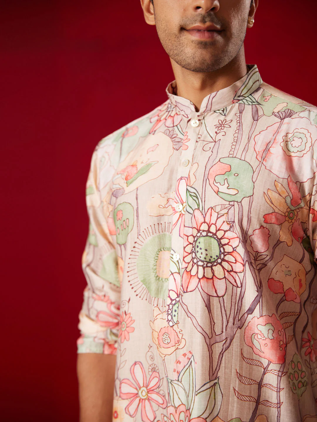 Men's Multi Color Base Cream Cotton Blend Kurta Pyjama Set - Image 3