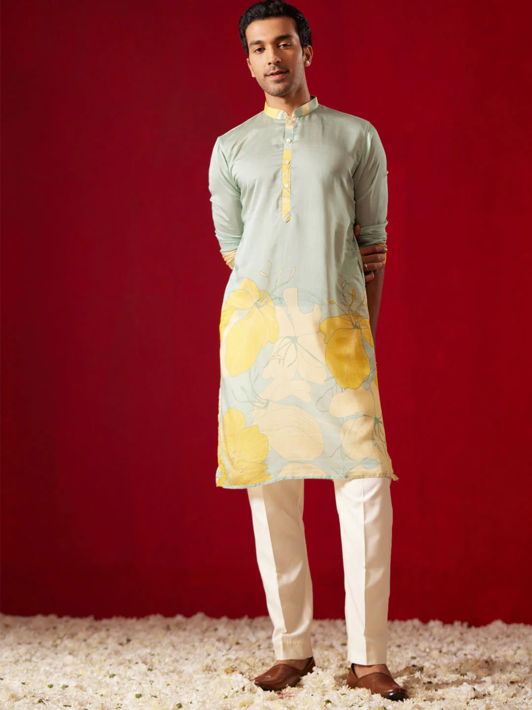 Men's Multi Color Base Yellow Cotton Blend Kurta Pyjama Set - Image 2