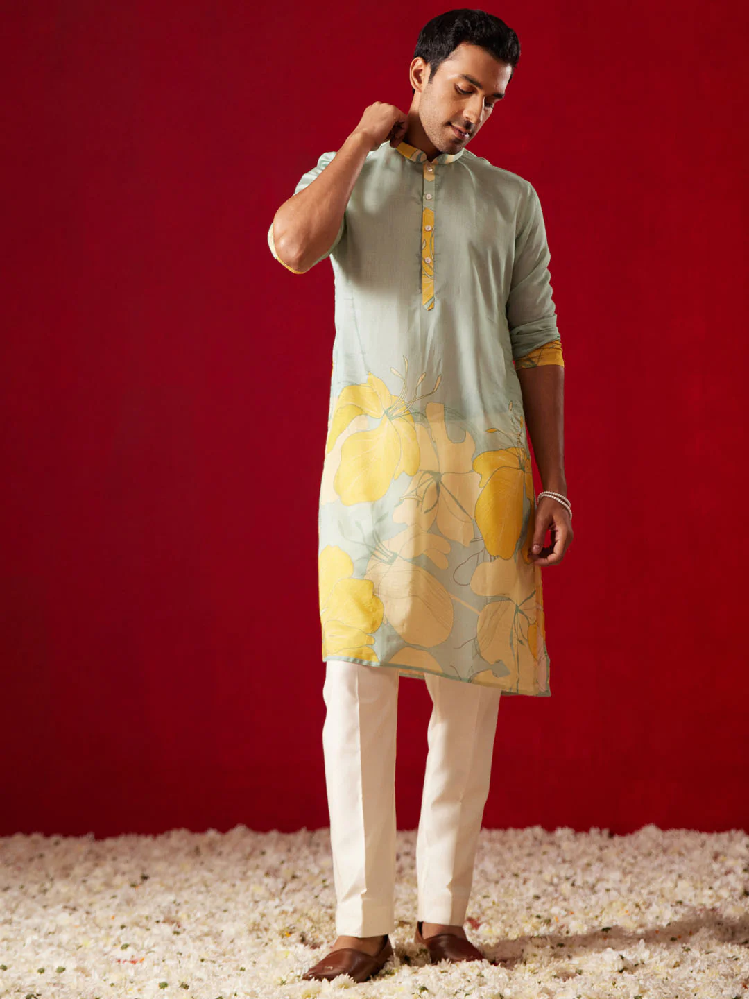 Men's Multi Color Base Yellow Cotton Blend Kurta Pyjama Set - Image 7