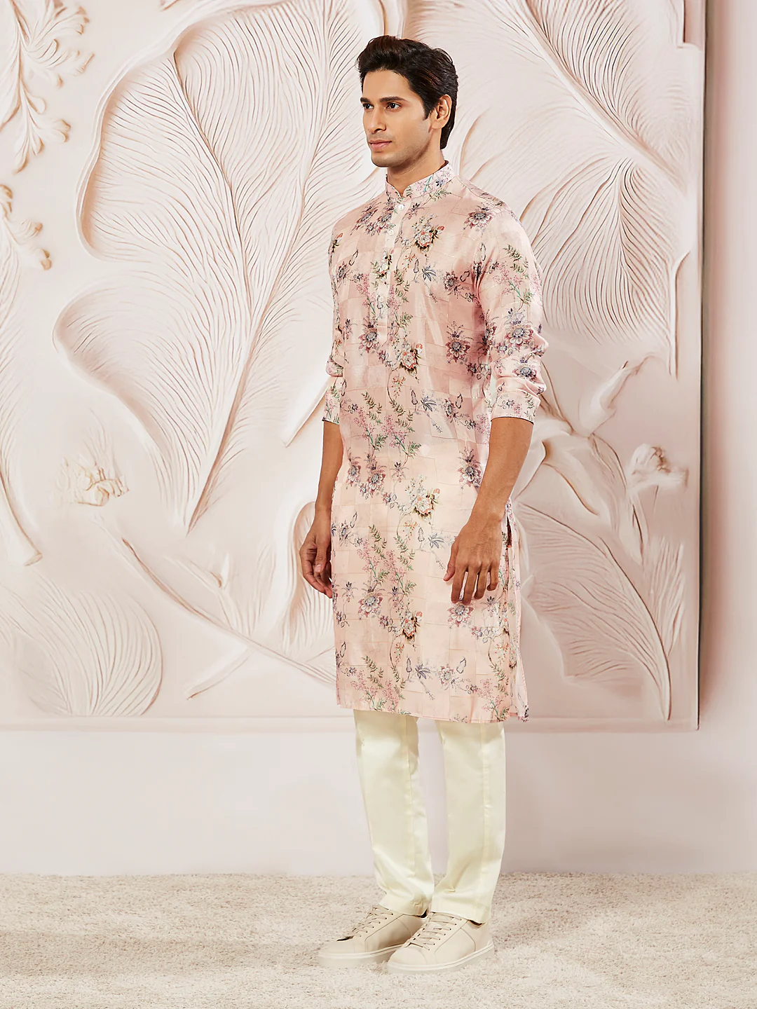 Men's Multicolor-Base-Peach Cotton Blend Kurta And Pyjama Set - Image 4