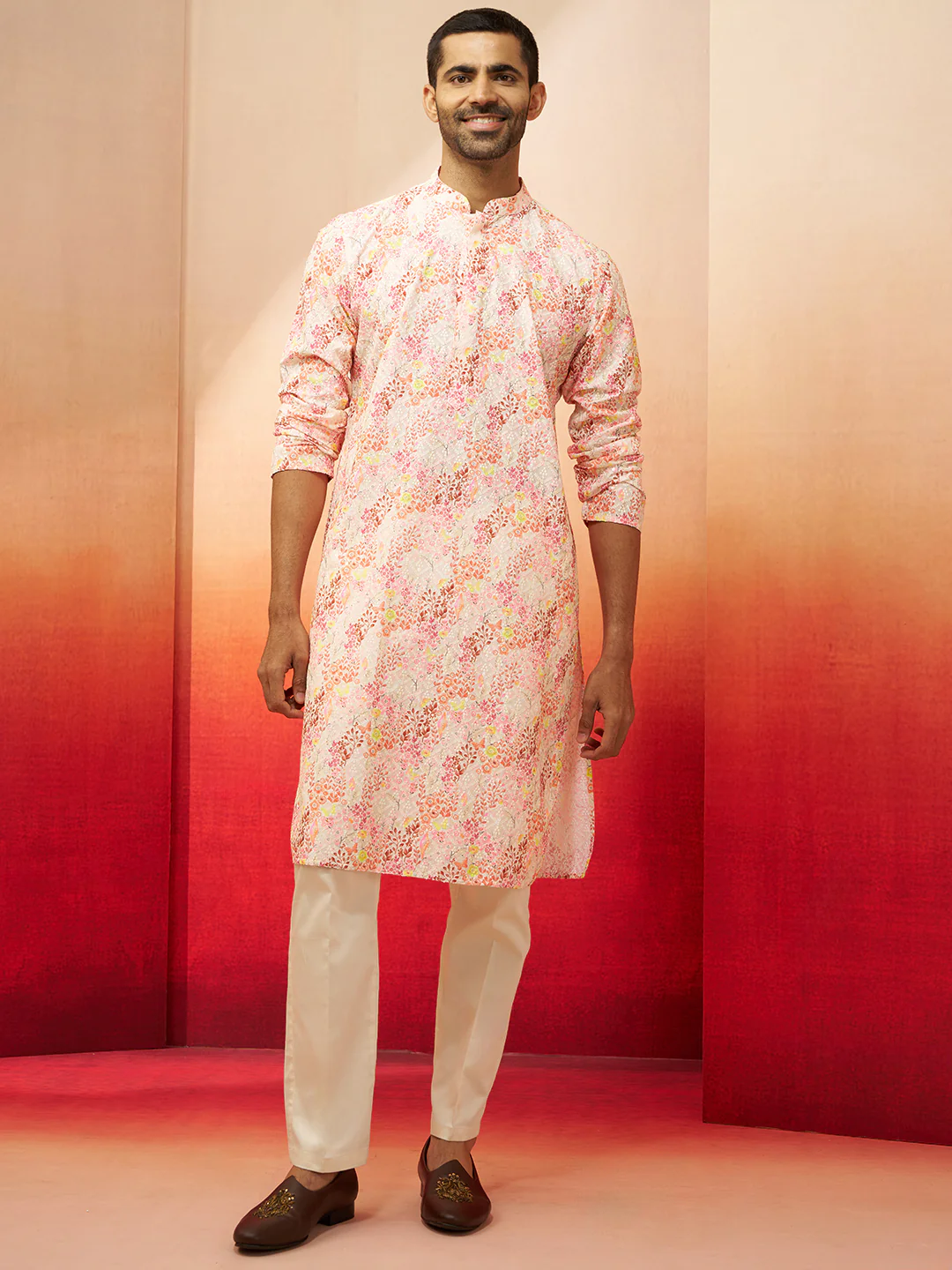 Men's Multicolor Digital Print Kurta with Cream Pants Set