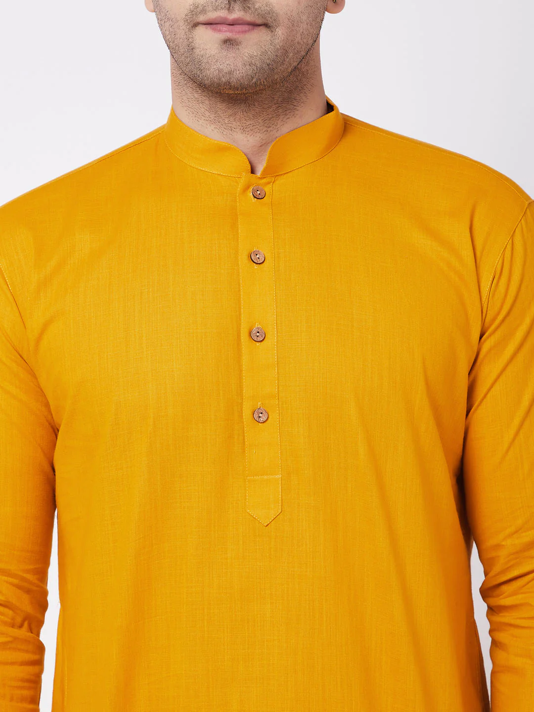 Men's Mustard And White Solid Cotton Blend Kurta With Cotton Pant Set - Image 4