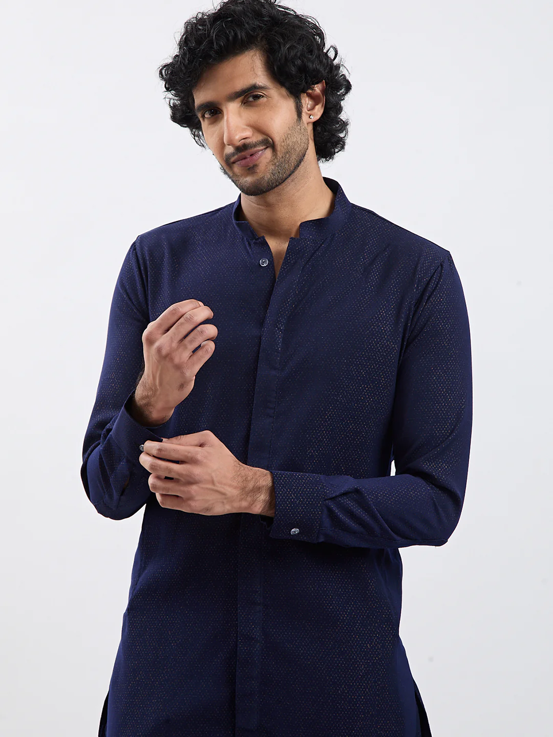 Men's Navy Blue Cotton Blend Kurta Pyjama Set - Image 3