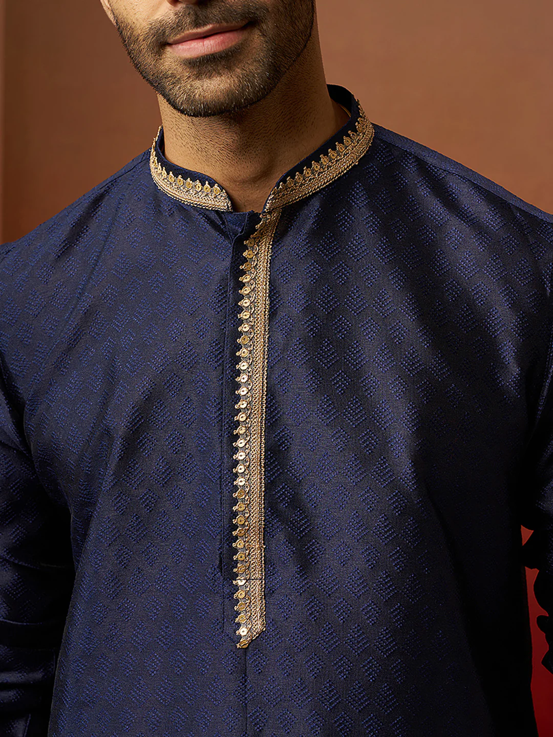 Men's Navy Blue Jacquard Kurta with Cream Churidar Set - Image 2