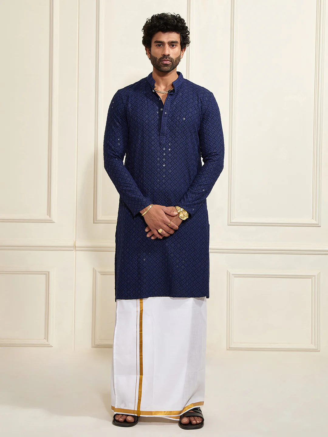 Men's Navy Blue Rayon Cotton Kurta - Image 2