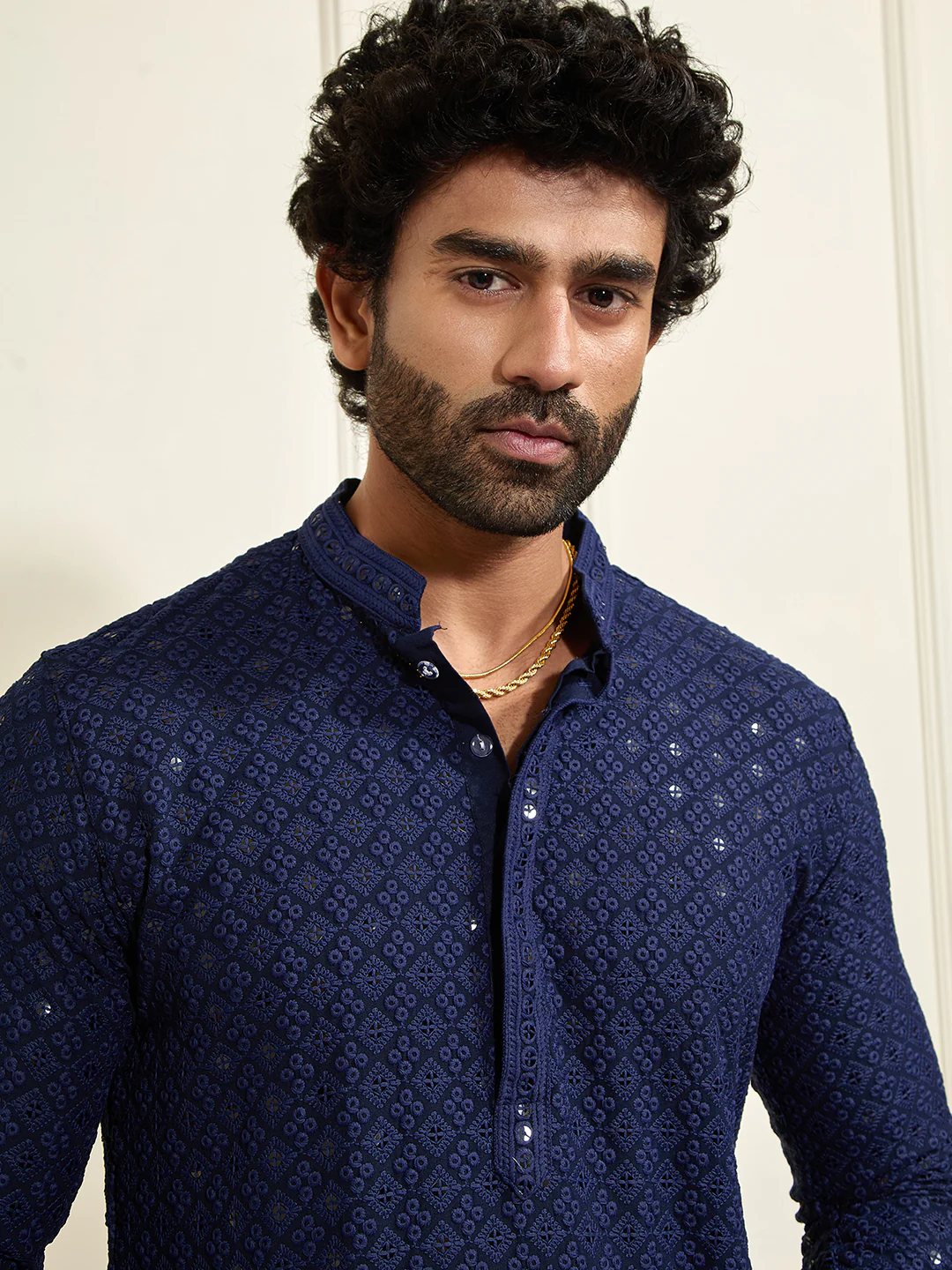 Men's Navy Blue Rayon Cotton Kurta And Mundu Set - Image 3