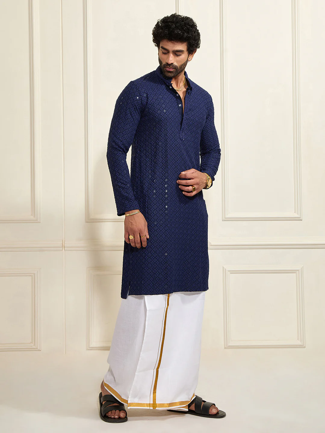 Men's Navy Blue Rayon Cotton Kurta And Mundu Set - Image 4