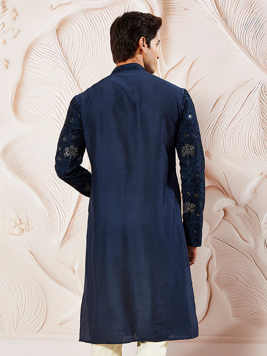 Men's Navy Blue Silk Blend Kurta - Image 3