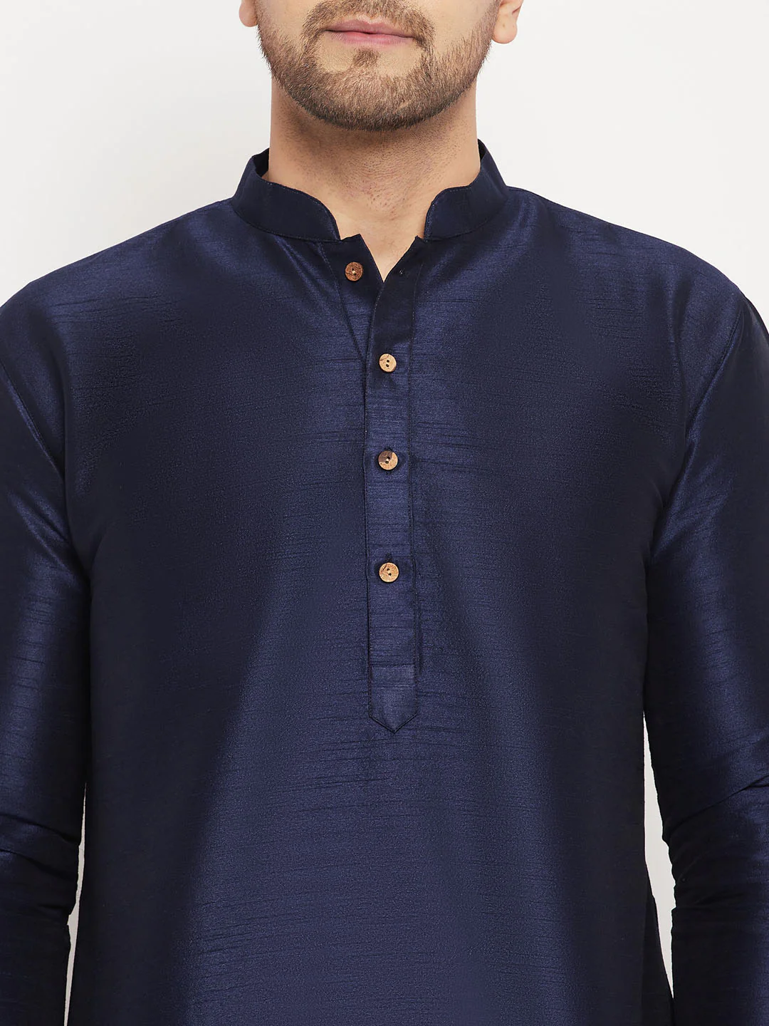 Men's Navy Blue Silk Blend Kurta And Cream Pant Style Pyjama Set - Image 4