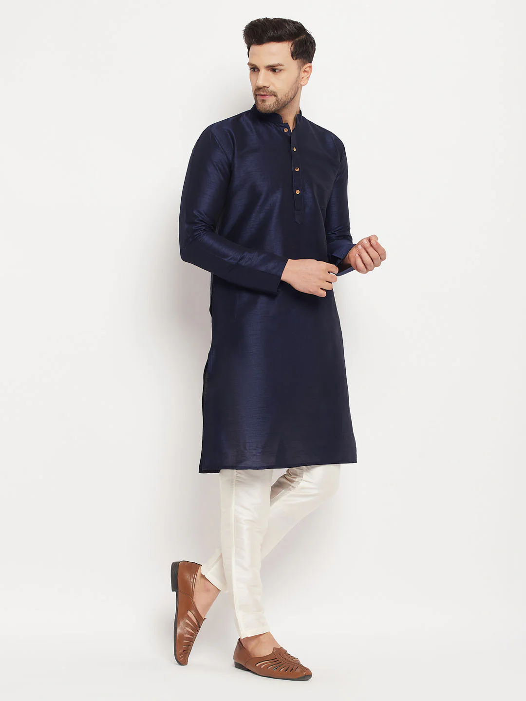 Men's Navy Blue Silk Blend Kurta And Cream Pant Style Pyjama Set - Image 7