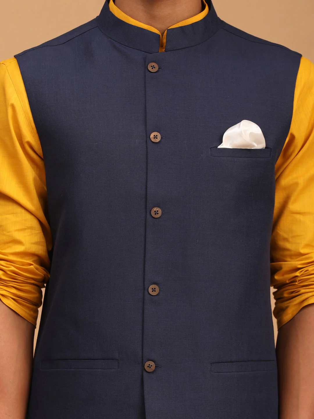 Men's Navy Blue Solid Cotton Nehru Jacket With Mustard Kurta And White Pyjama Set - Image 4