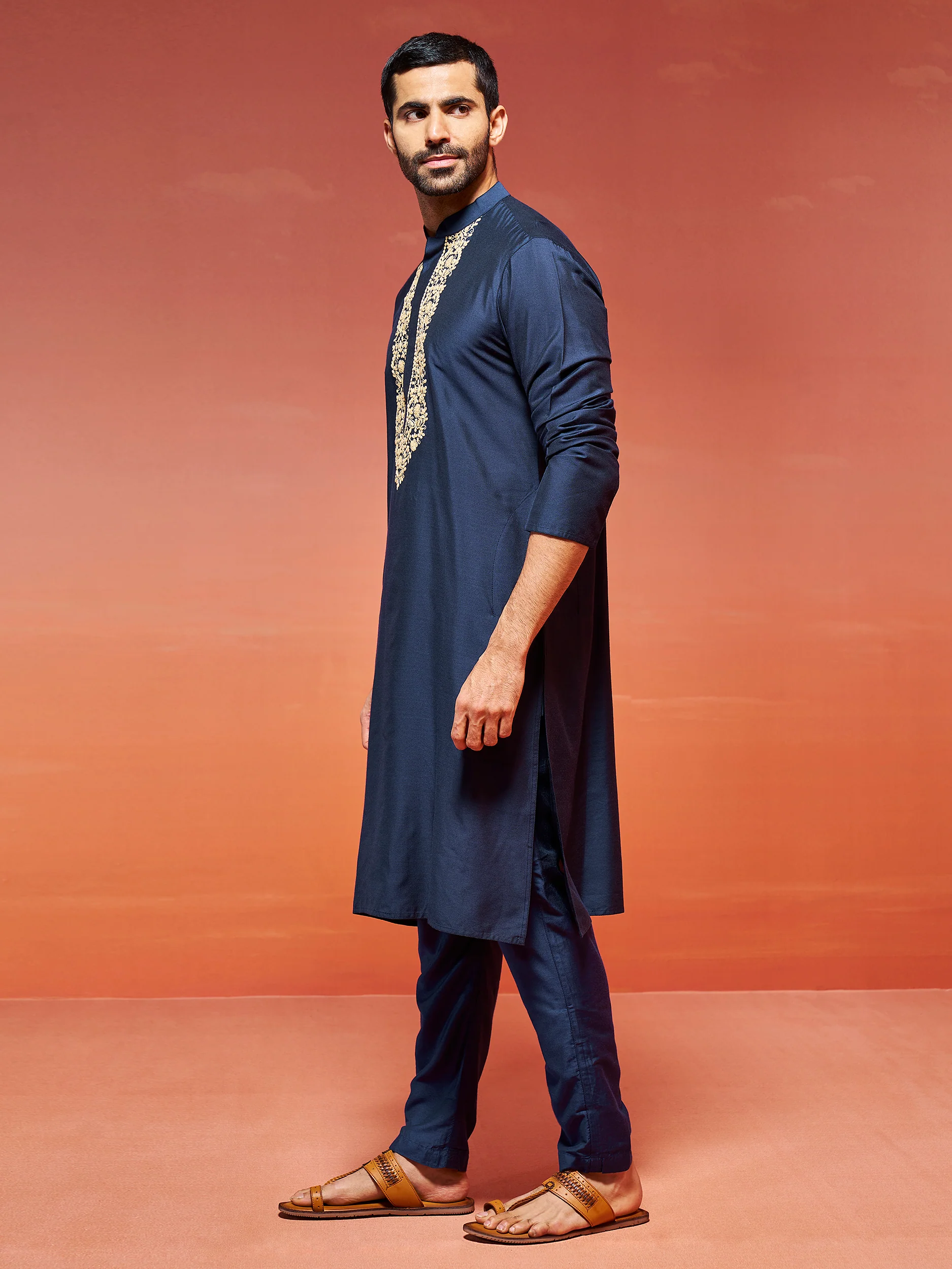 Men's Navy Blue Viscose Kurta And Pyjama Set - Image 4