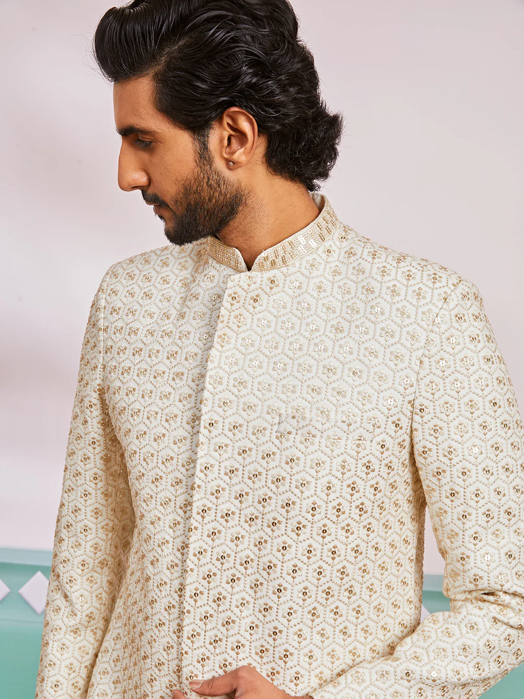 Men's Off White Rayon Indo Western And Pyjama Set - Image 3
