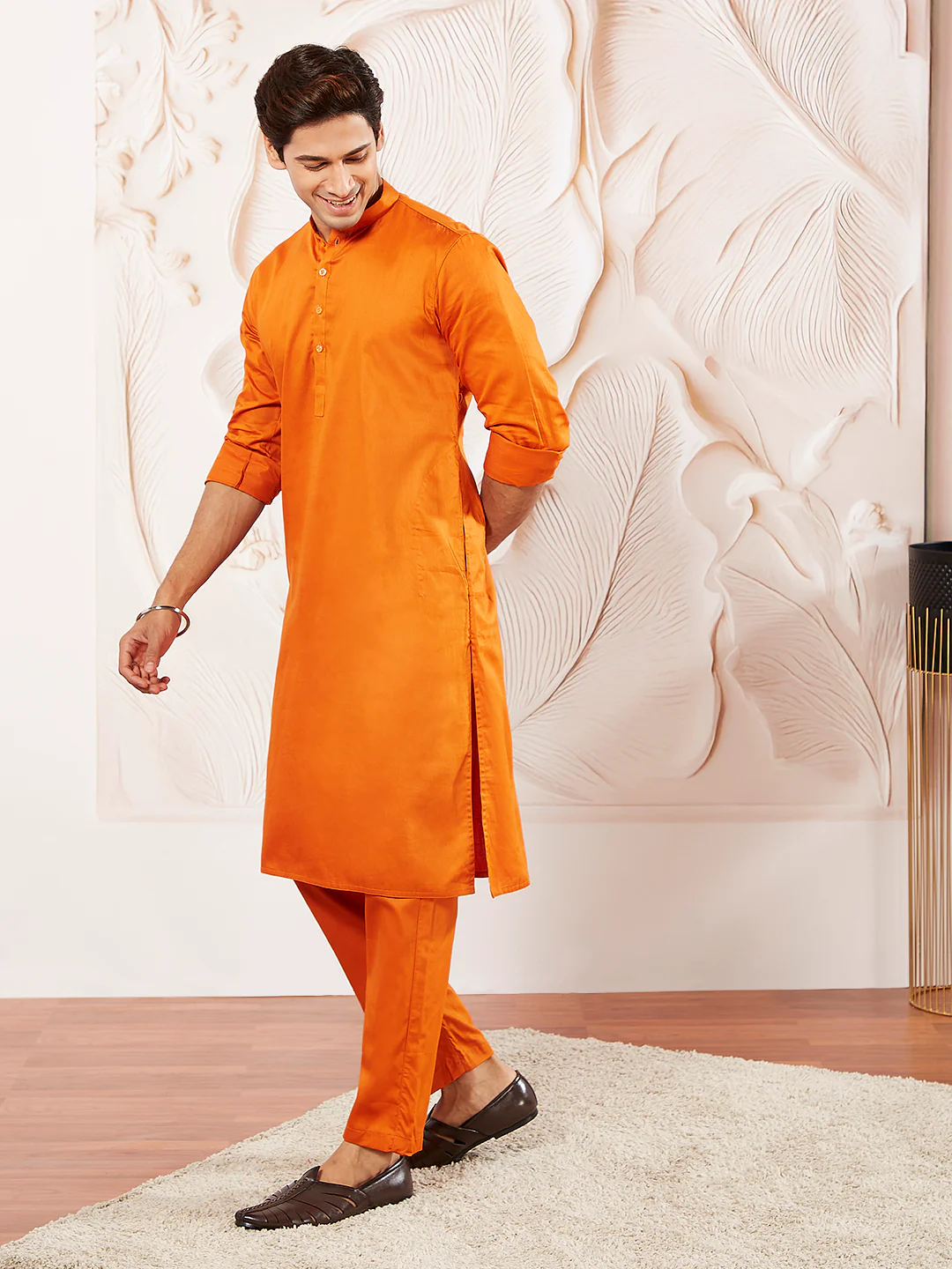 Men's Orange Cotton Blend Kurta Pyjama Set - Image 4