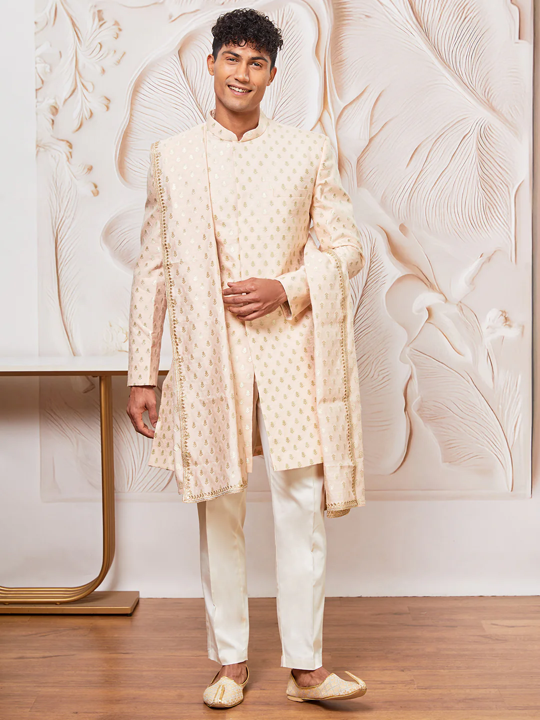 Men's Peach Cotton Blend Indowestern Pant And Dupatta Set - Image 3