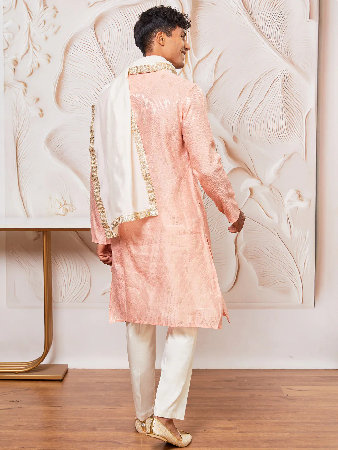 Men's Peach Cotton Blend Kurta, Pant And Dupatta Set - Image 5