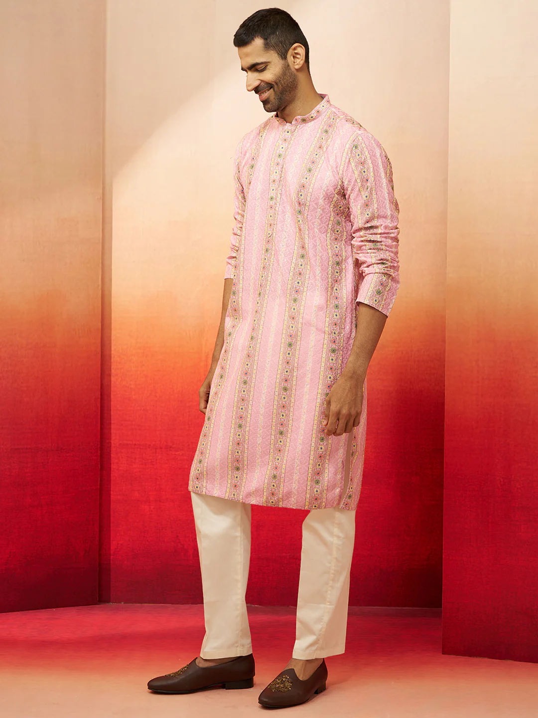 Men's Peach Digital Print Kurta with Pyjama - Image 4