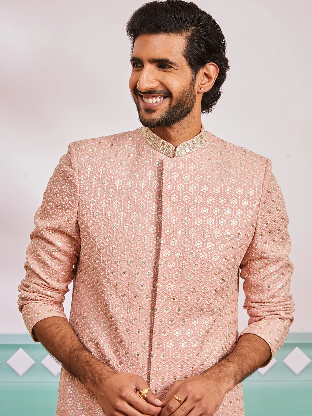 Men's Peach Rayon Indo Western And Pyjama Set - Image 3