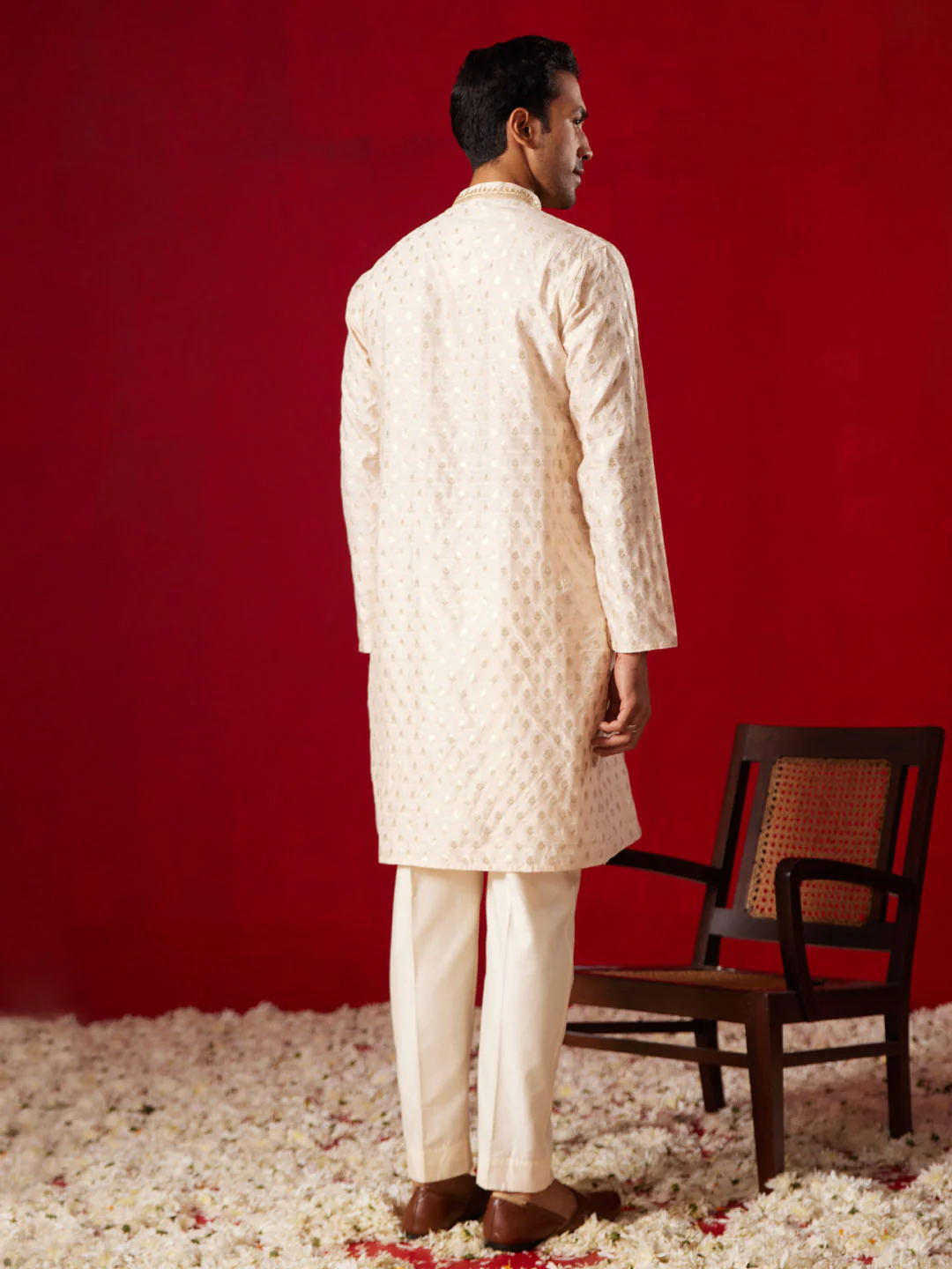 Men's Peach Silk Blend Jacquard Kurta With Pant Set - Image 3
